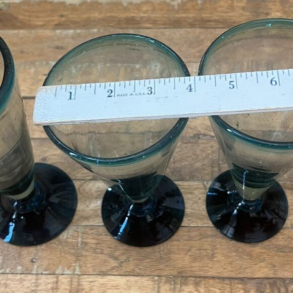 Blue & Green Goblet Wine Glasses Set of 3 Handblown Bubbles Mexico - Picture 7 of 15